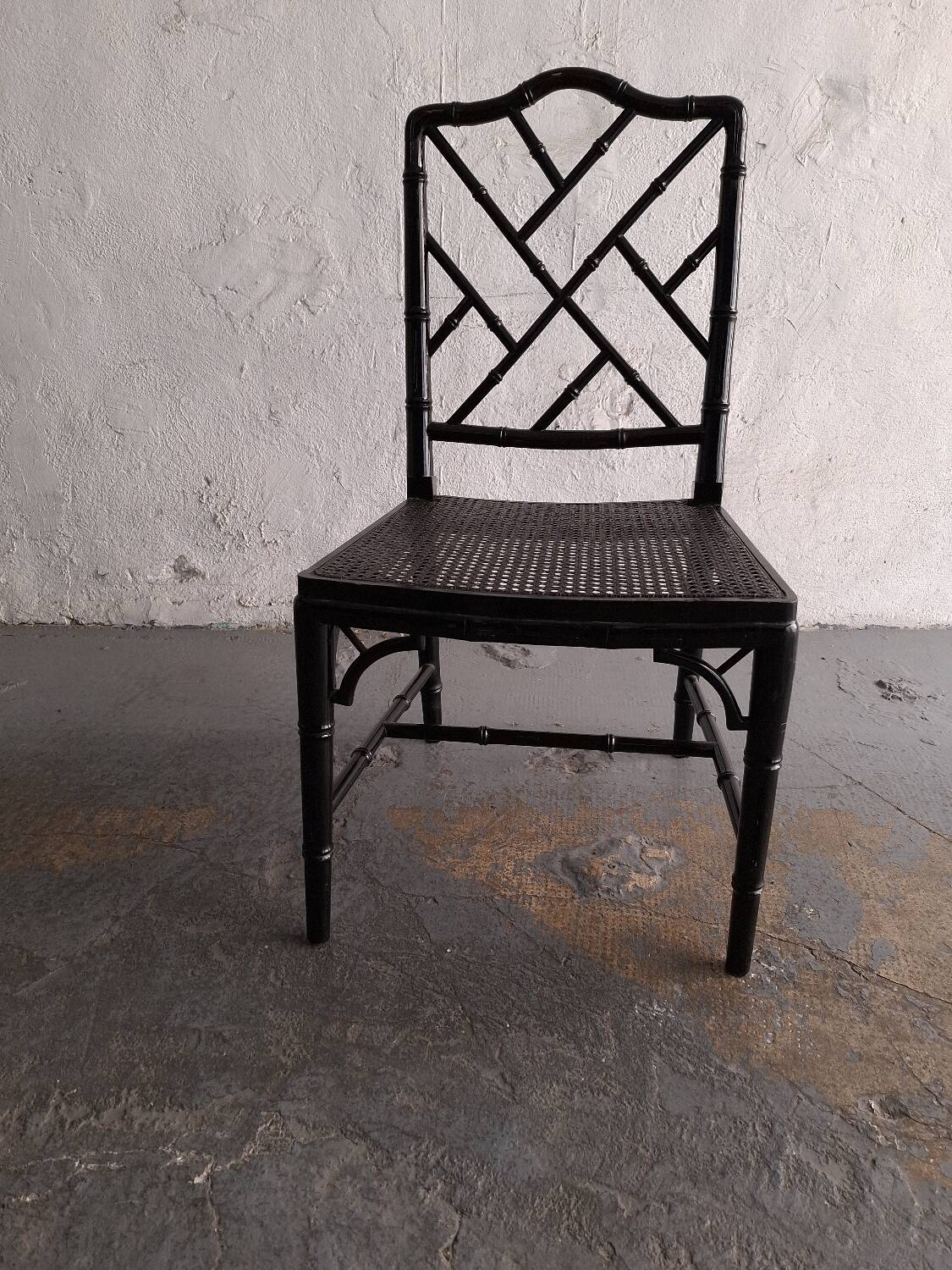 Black lacquered chair, faux bamboo, Chippendale, Jonathan Adler