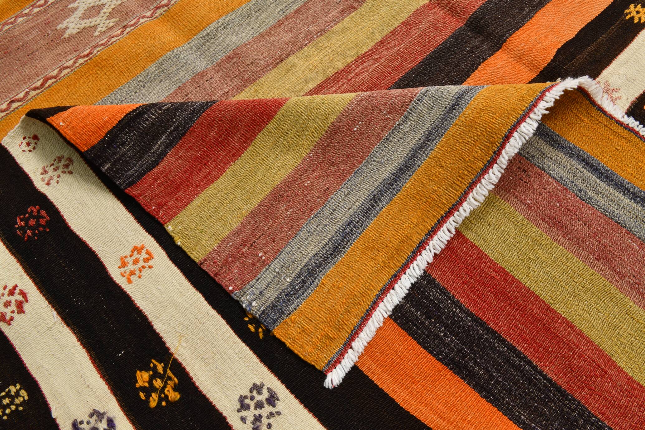 Tapis kilim vintage turc rayé multicolore à motifs géométriques, 190x320 cm