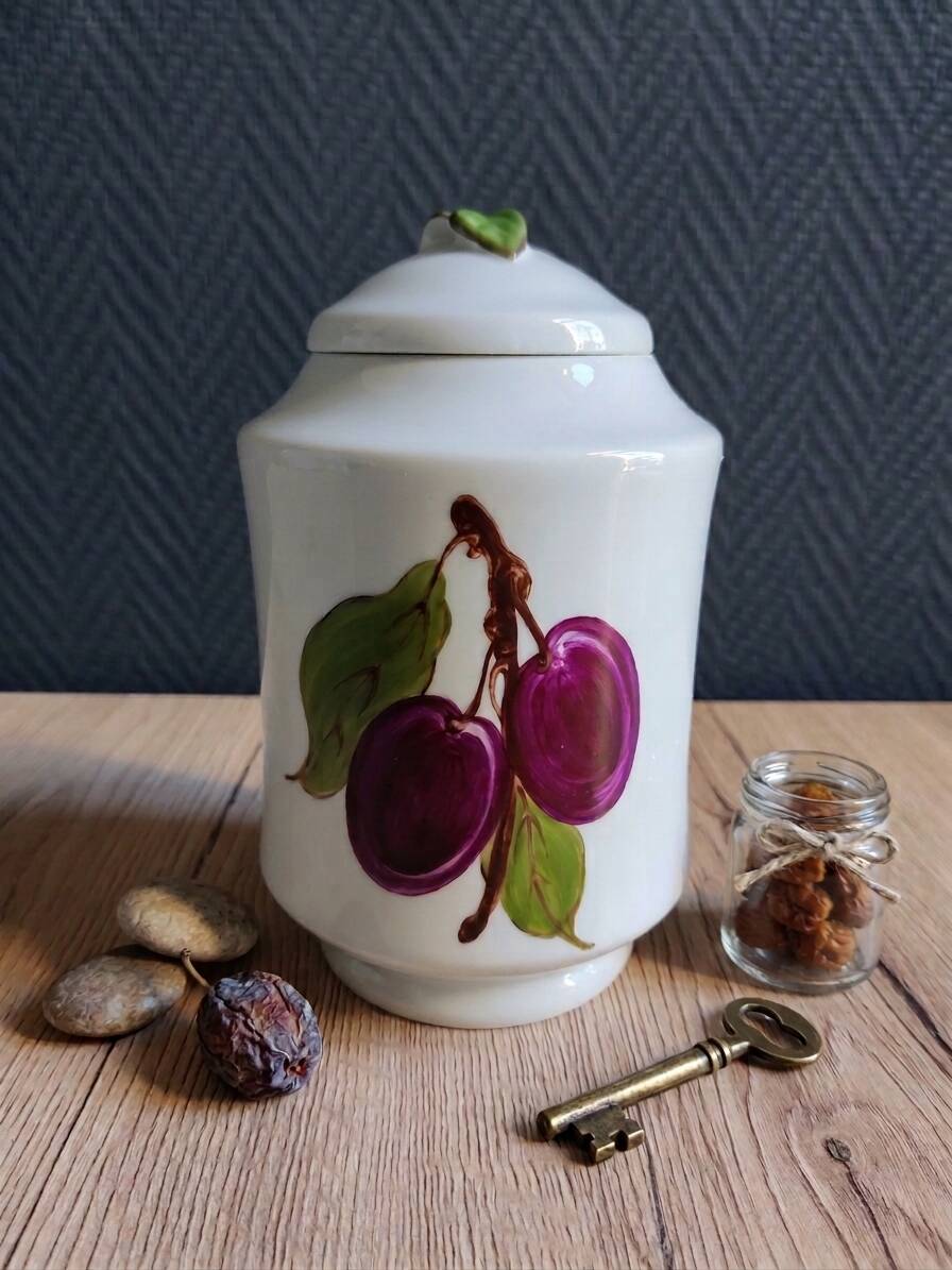 Porcelain jam pot with hand-painted plum design, signed sweet jar.