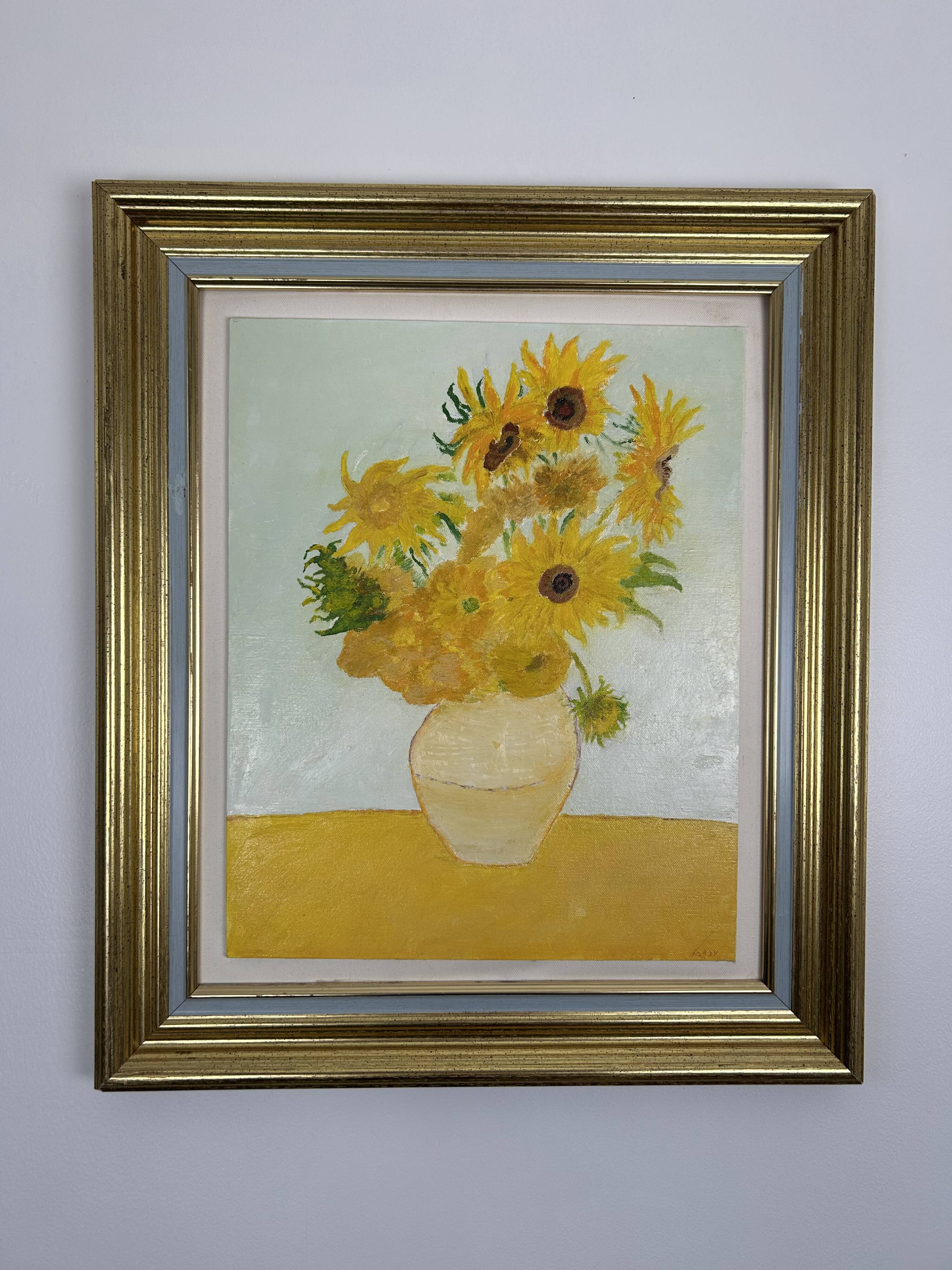 Peinture originale encadrée "Tournesols dans un vase" signée Mady