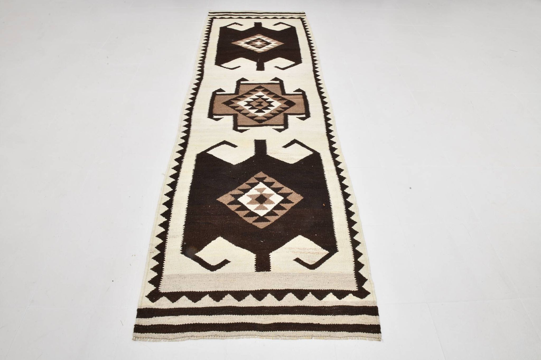 3x11 Kilim Cream & Brown Tribal Kilim Runner Rug, 99x322Cm