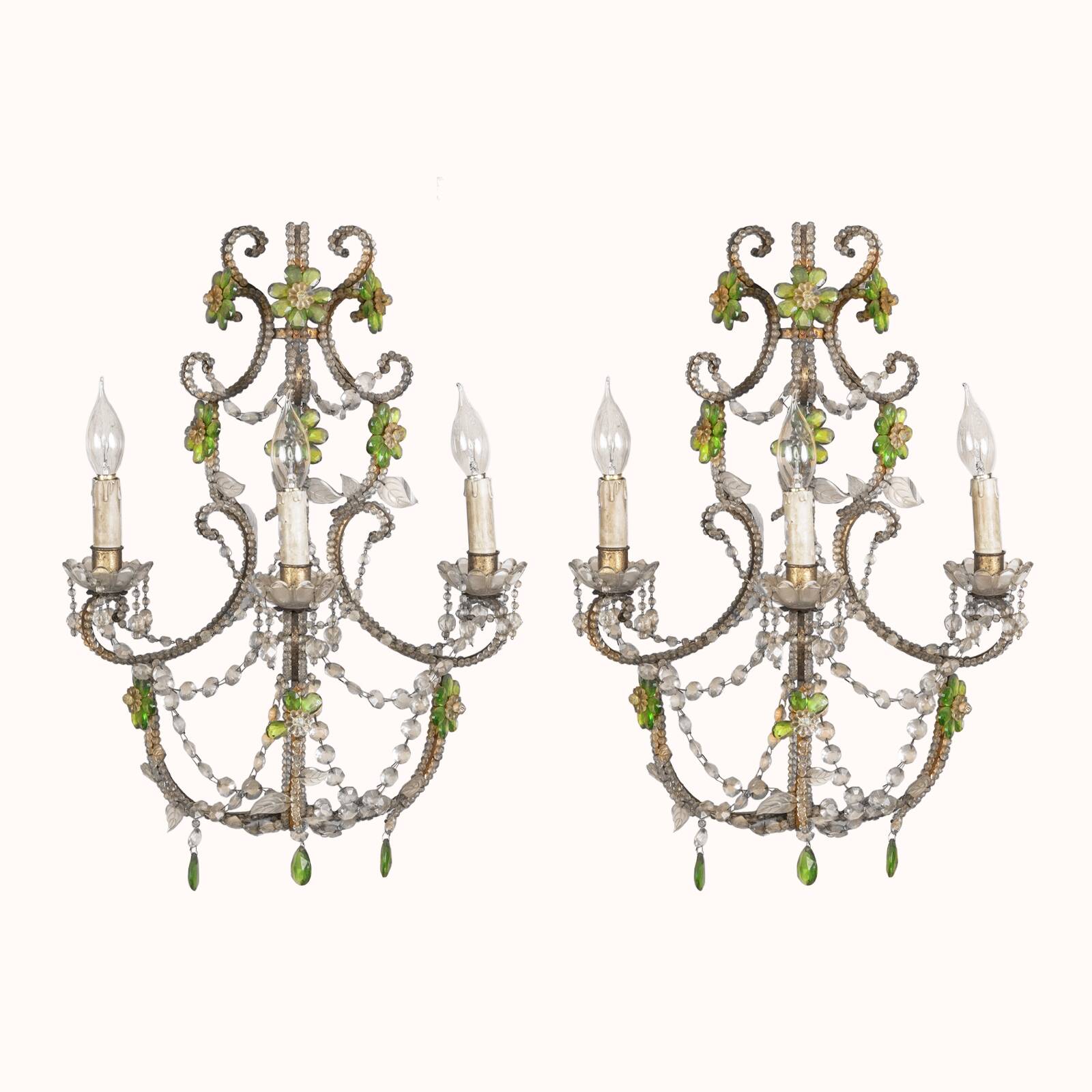 Ensemble de deux appliques ou appliques en cristal italien avec fleurs vertes