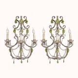 Ensemble de deux appliques ou appliques en cristal italien avec fleurs vertes