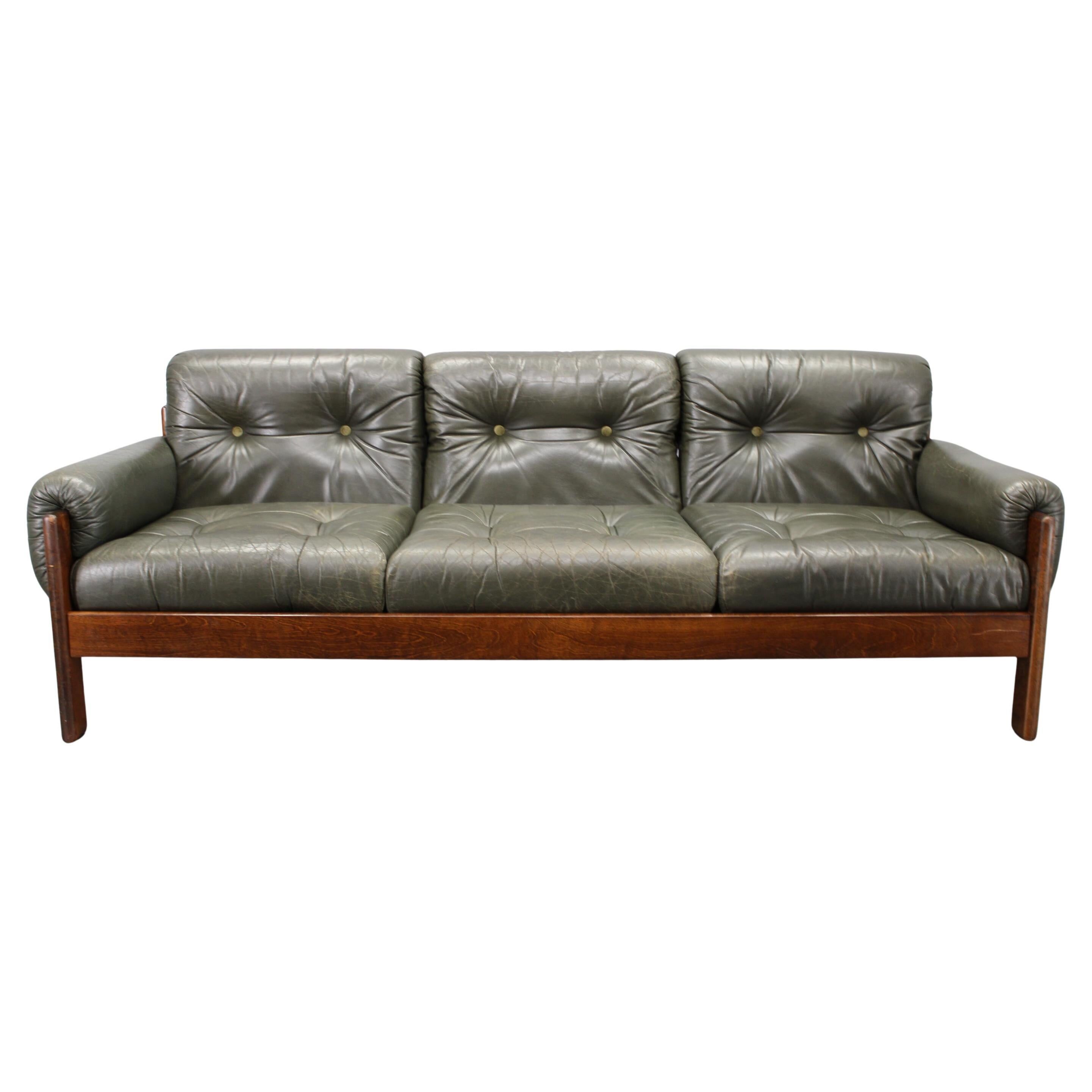 Mid-century Czechoslovak green leather sofa, 1970s