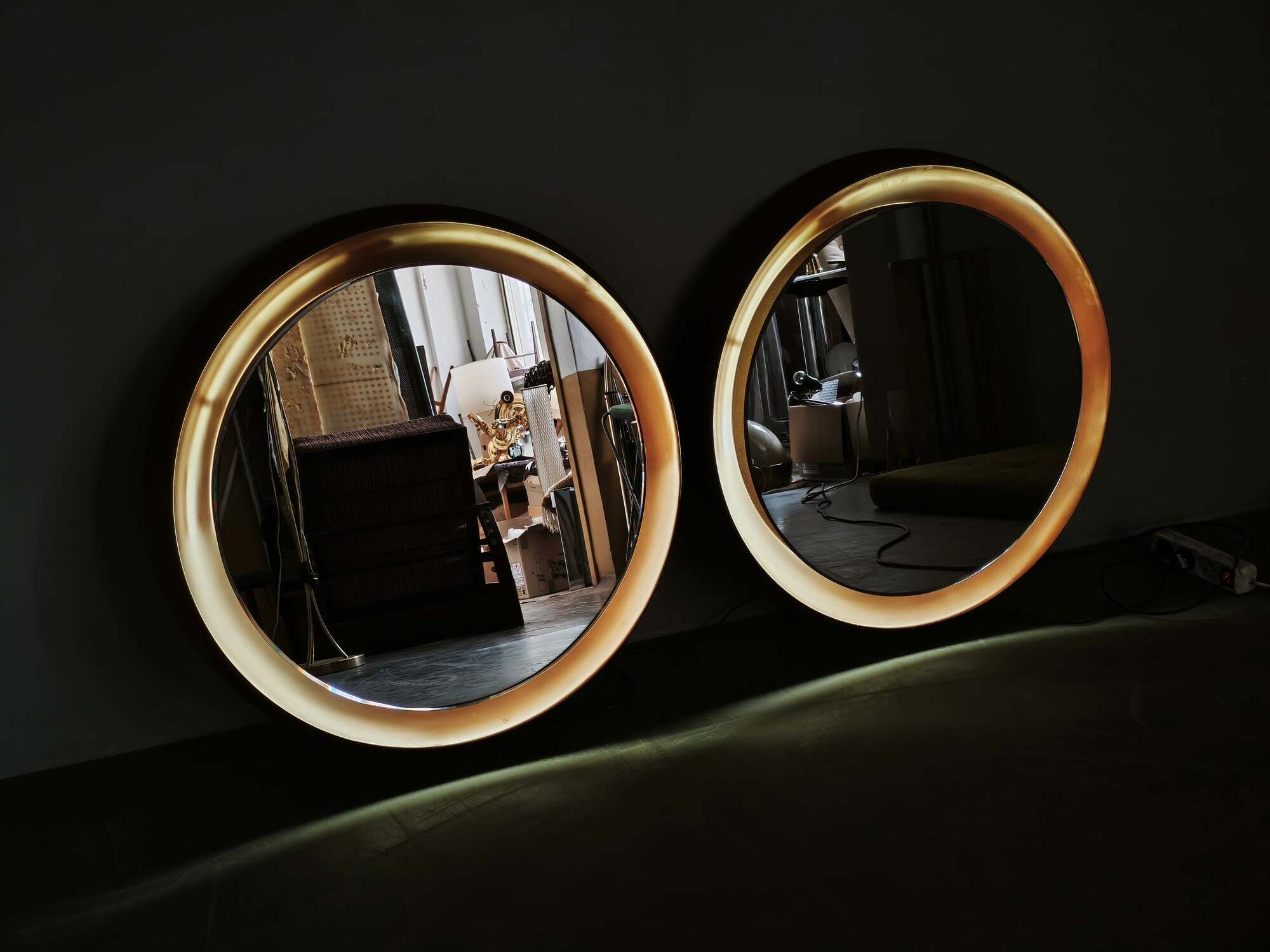 Pair of Italian Space Age Illuminated Round Mirrors, 1970s