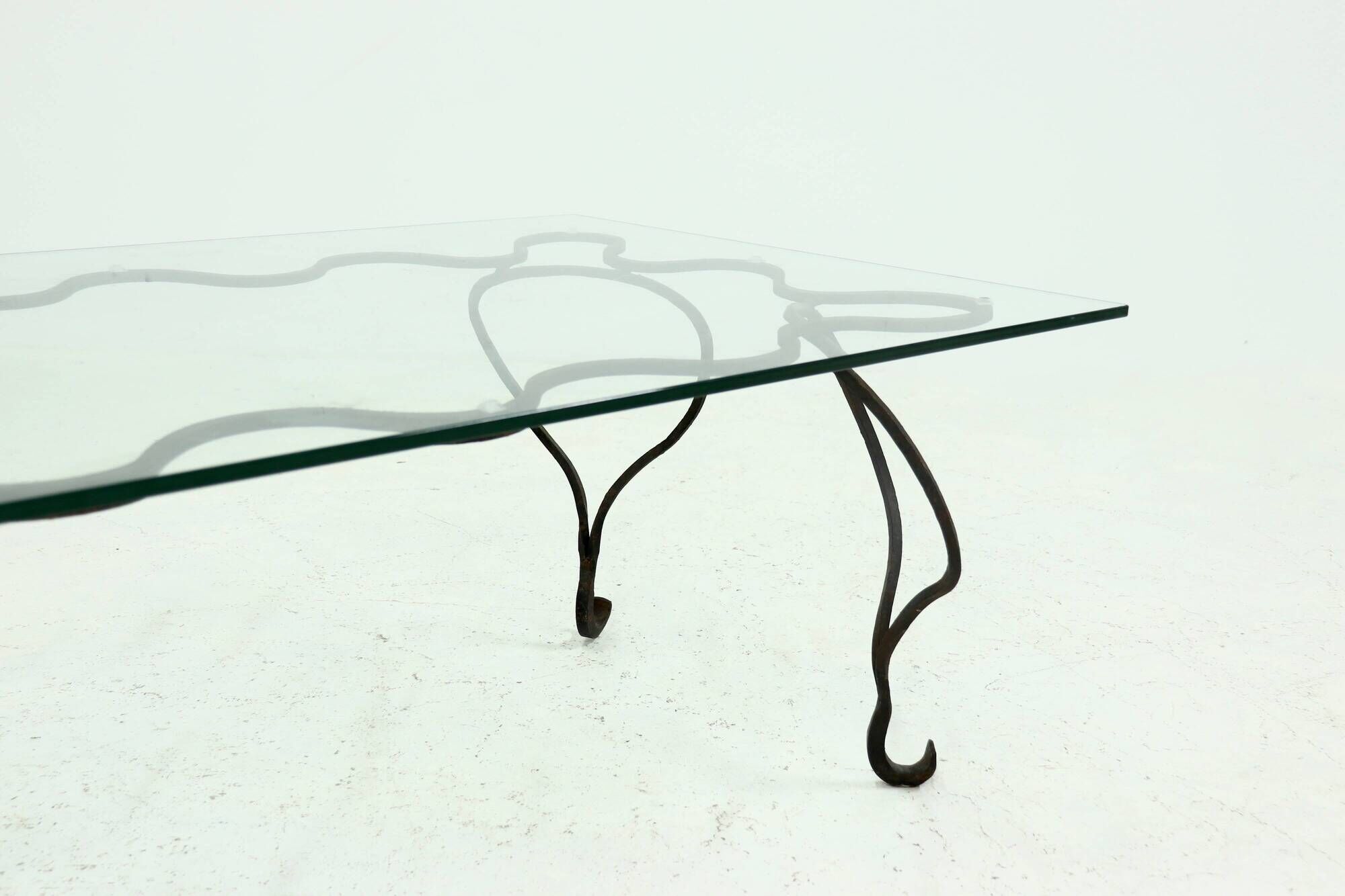 Coffee Table with Decorative Forged Steel Base and Glass Top 1960s