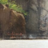 Emile godchaux (1860-1938) old painting, landscape, mountain, river