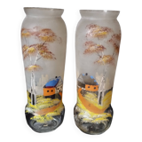 Ancien : paires de vase en verre pâte de verre peint