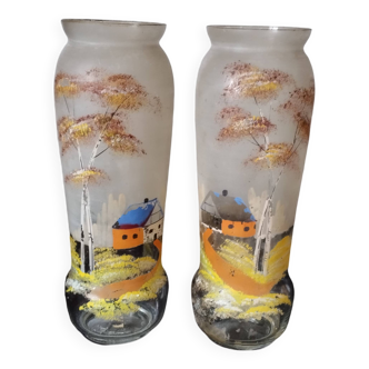 Ancien : paires de vase en verre pâte de verre peint