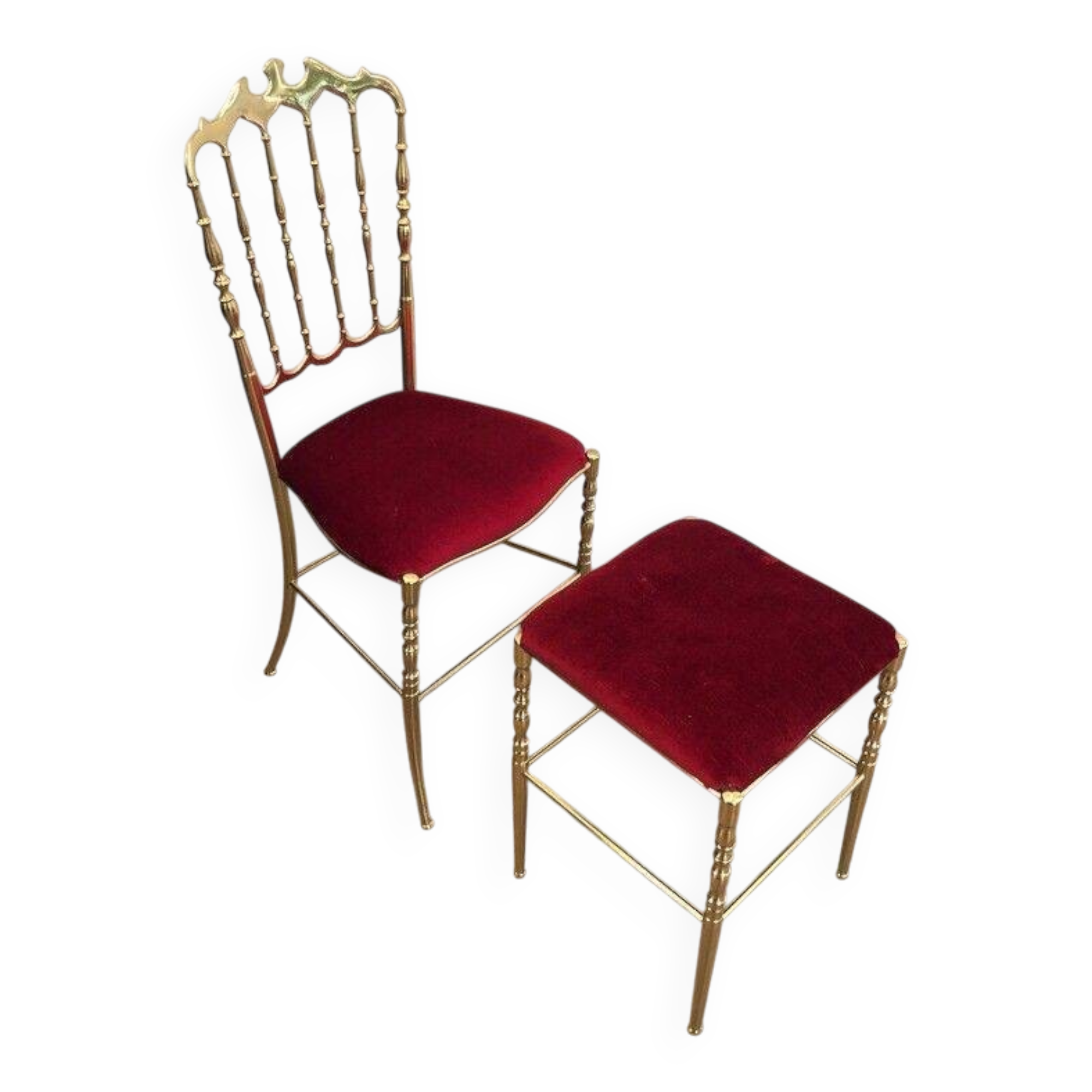 Chaise et tabouret Chiavari en laiton et velours. Vers 1940