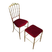 Chiavari chair and stool in brass and velvet. Around 1940.