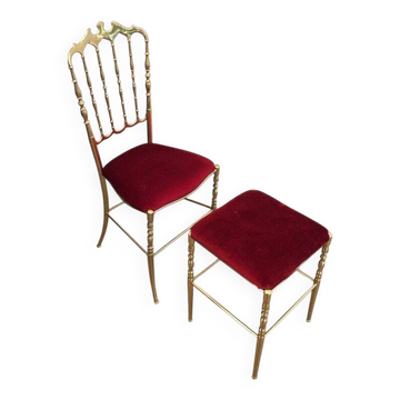Chiavari chair and stool in brass and velvet. Around 1940.