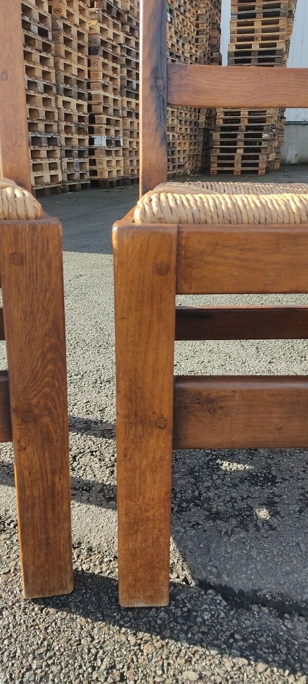 Ensemble de 4 chaises bois paille brutaliste