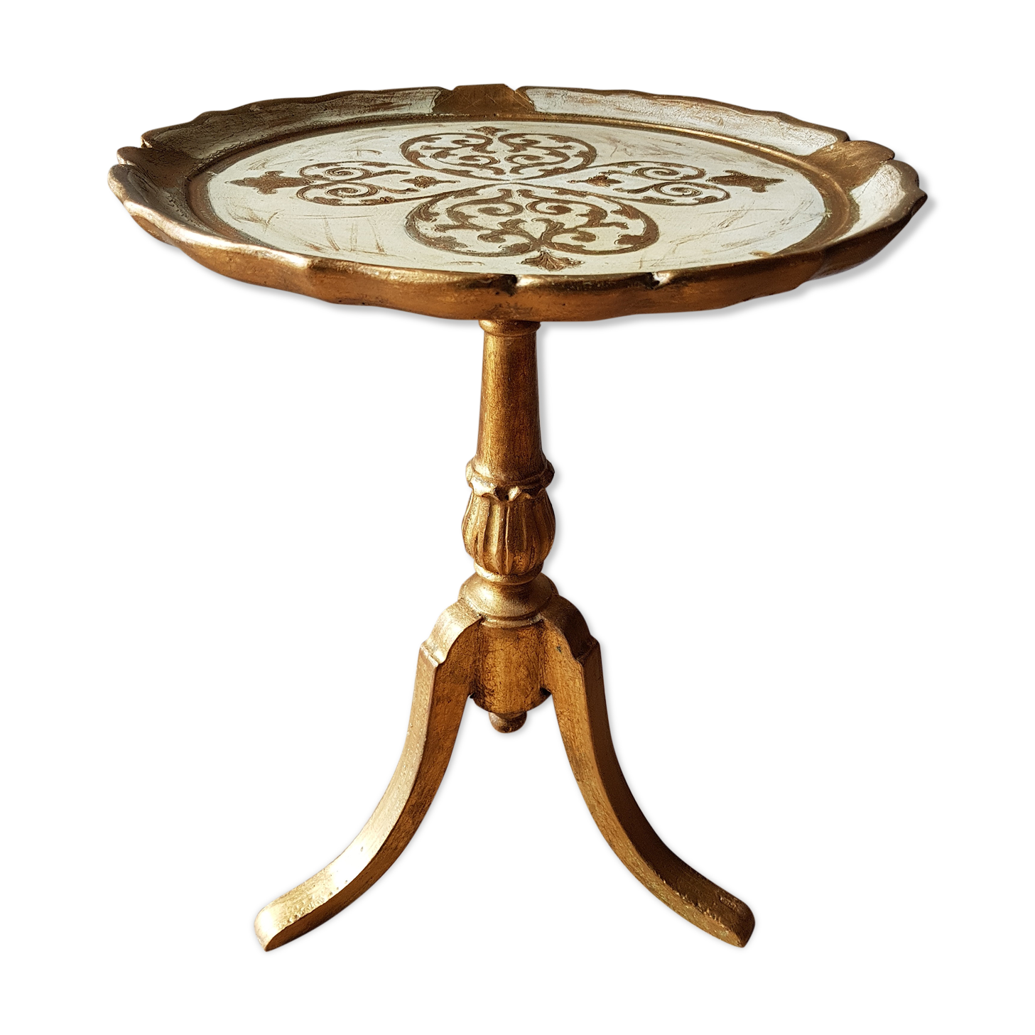 Golden wood tripod pedestal table
