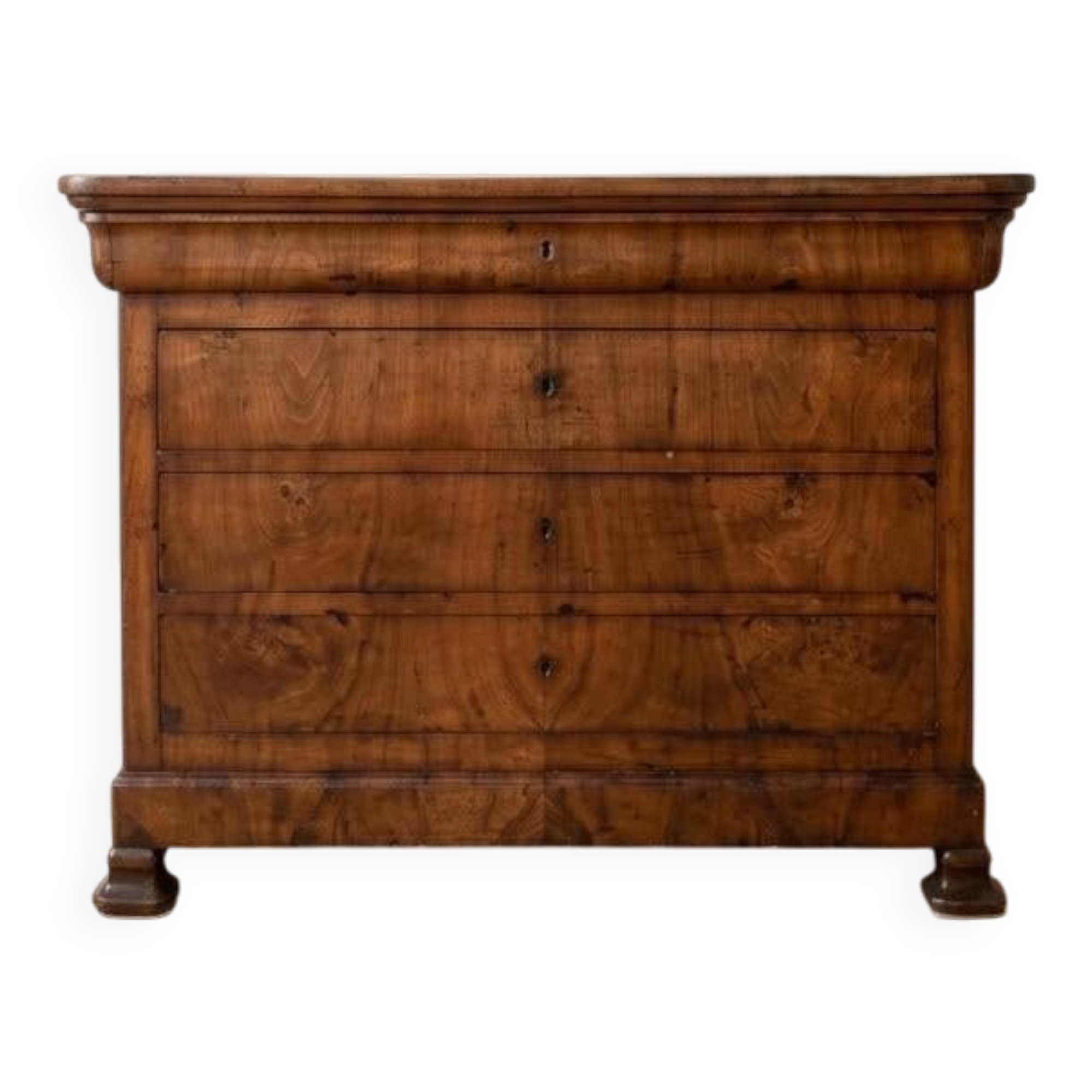 Antique solid wood chest of drawers with drawers and key.