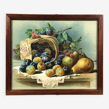Still life with fruit, framed chromolithograph, under glass