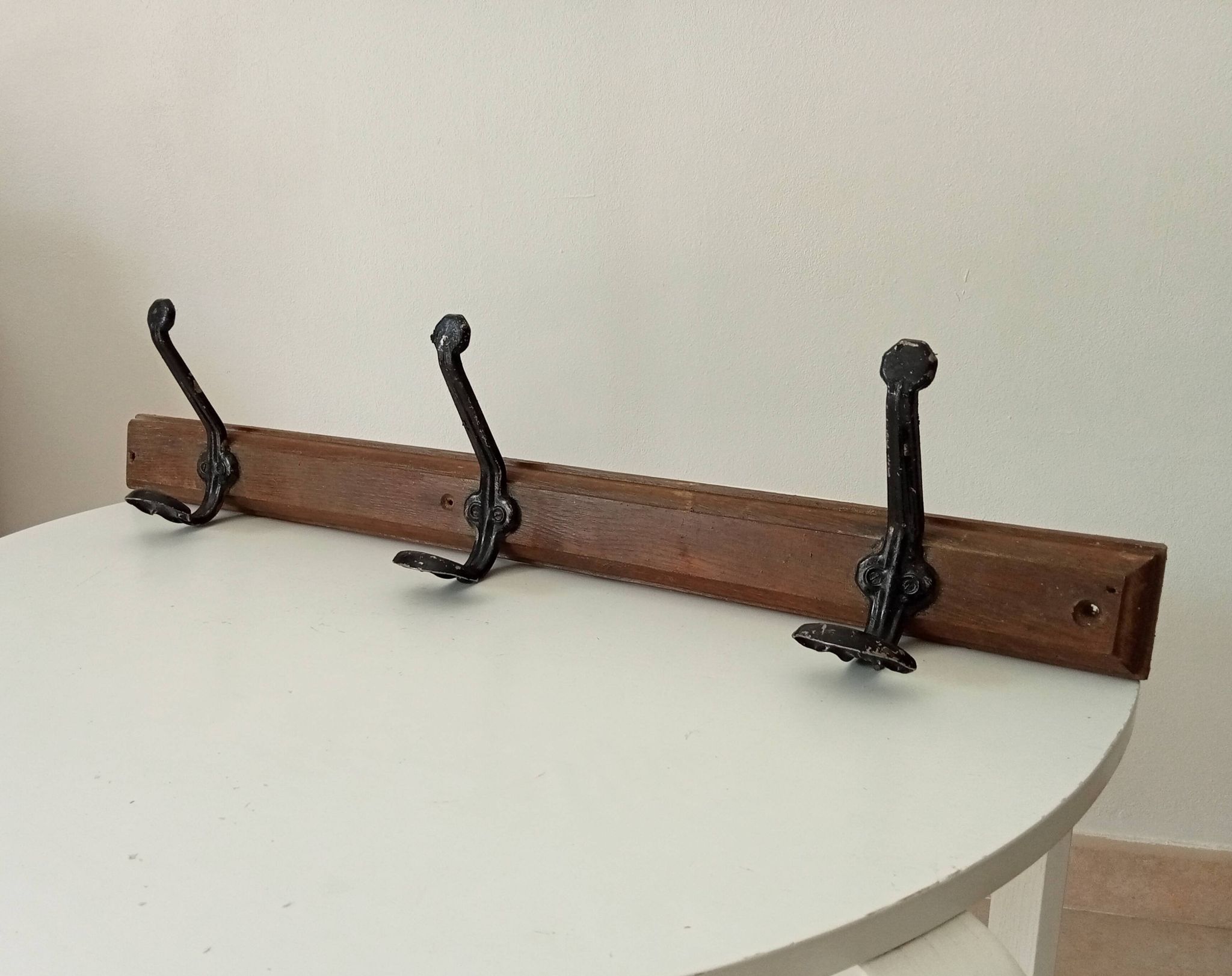 Vintage solid wood and metal wall coat rack