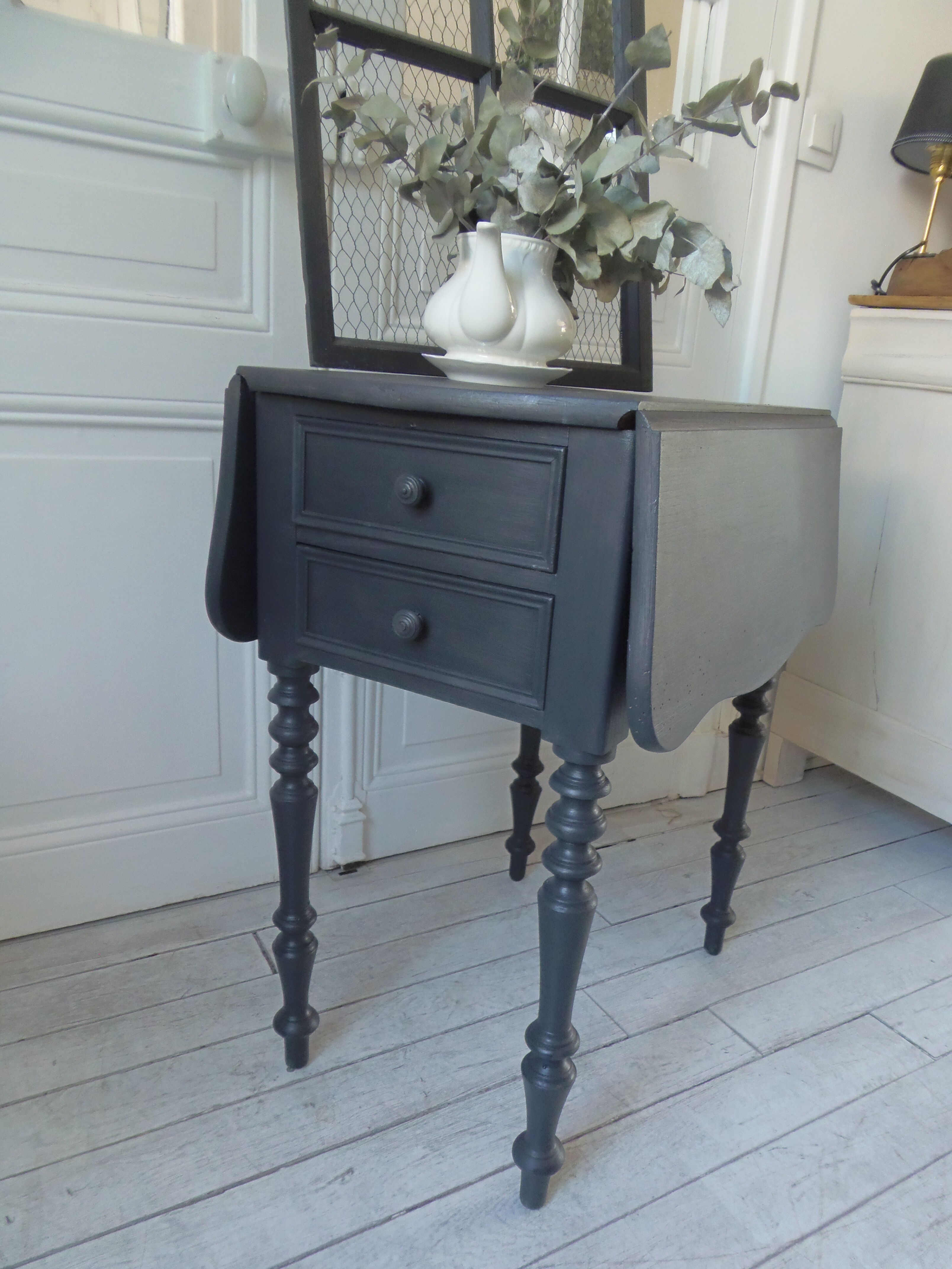Louis Philippe bedside table with flaps, slate grey