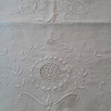 Old bride and groom sheet in white linen thread and 2 pillowcases Monogram JS