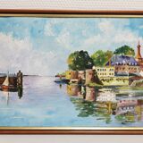 Painting / oil on canvas signed yoland, the port, the boats ....