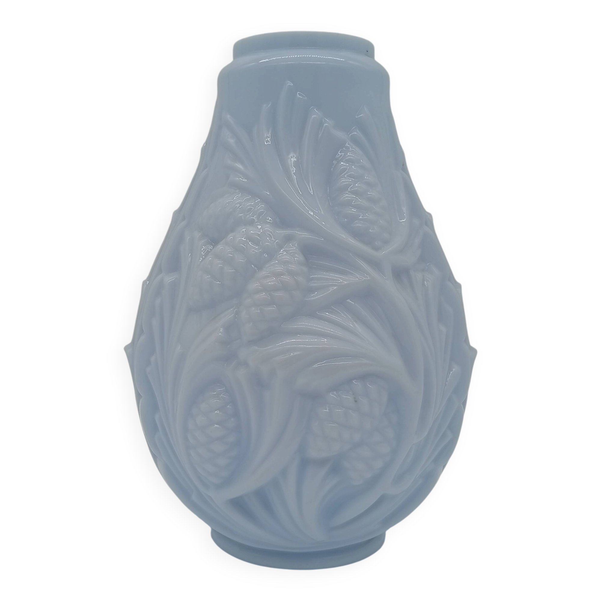 Art Deco Opaline Vase Blue Pastel Glass Pine Cone Decoration France 1930s