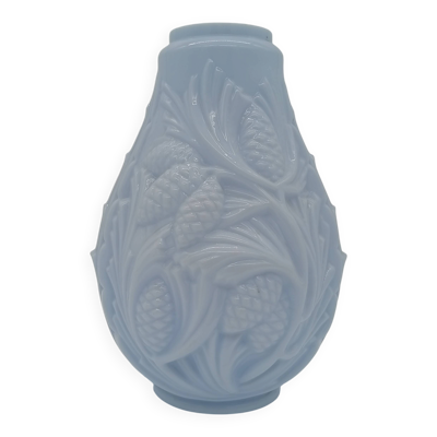 Vase Art Déco Opaline Verre Bleu Pastel Décor Pomme de Pin France Années 30