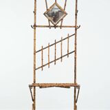 Porte-manteau ancien français en bambou, avec miroir et porte-parapluie.