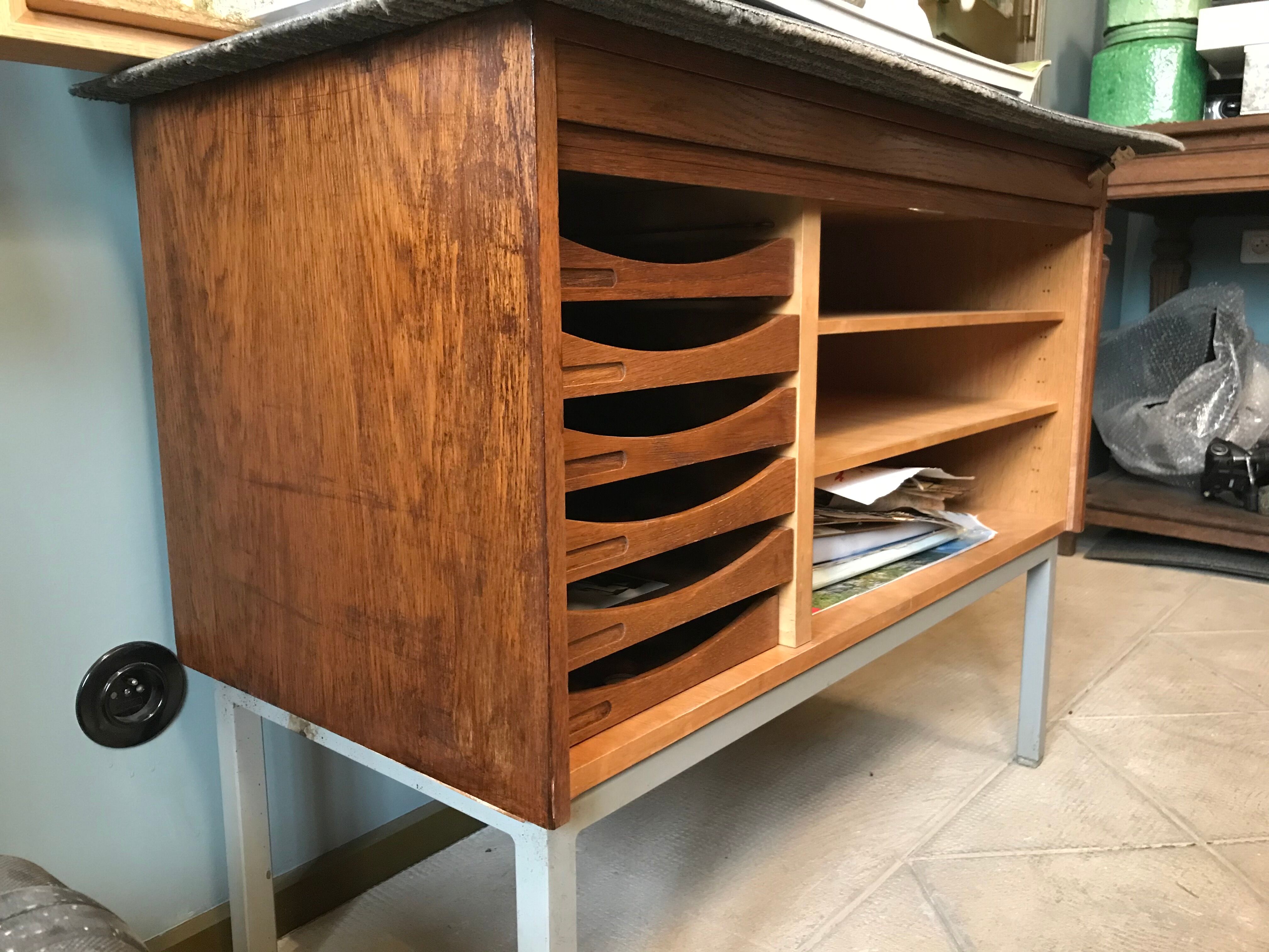 Vintage Scandinavian wood roller cabinet brand Facit