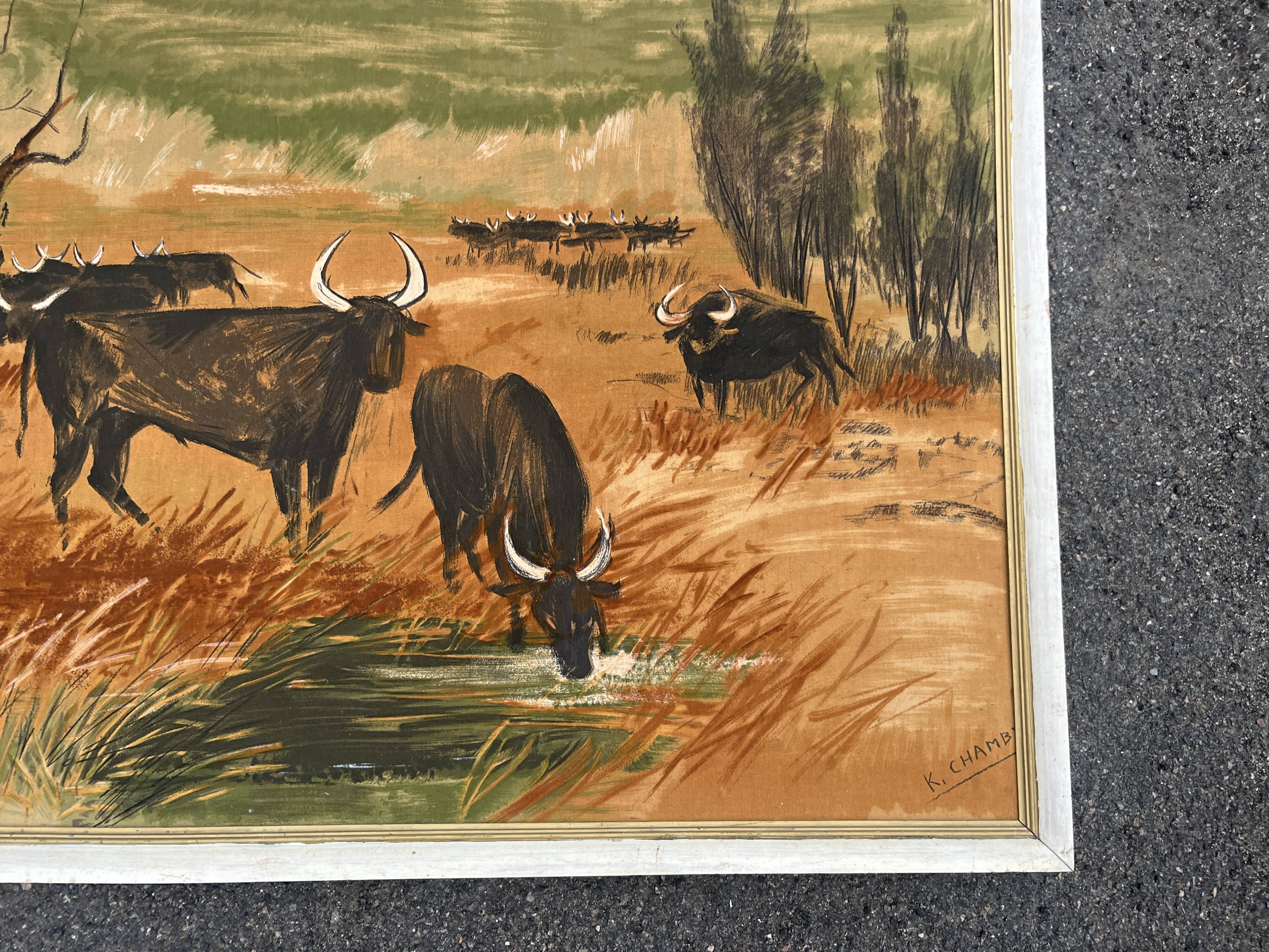 Large old painting signed K. Chamby - Scene of bulls / manade in Camargue