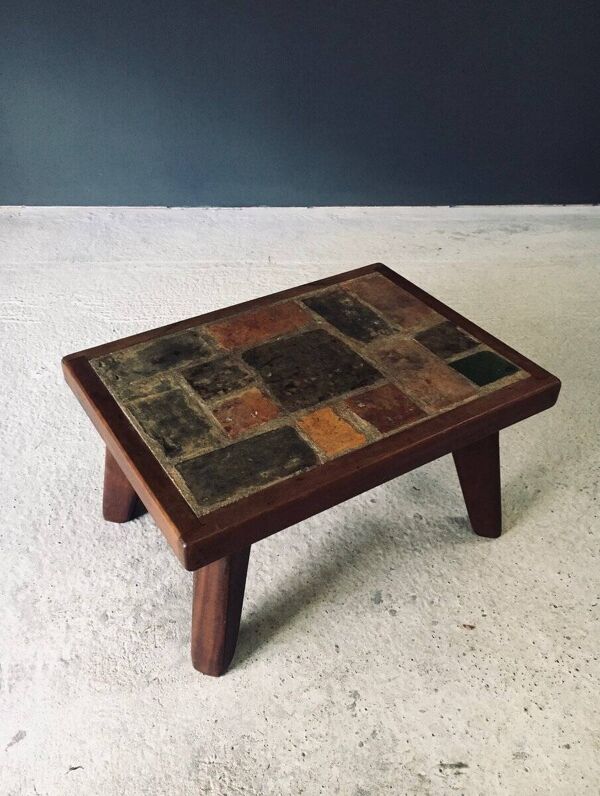 Brutalist Rustic Slate Tile & Oak Coffee Table, Belgium, 1960s