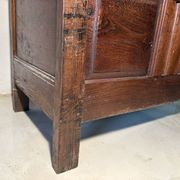 Rustic antique oak chest, original fittings and moulded panels.