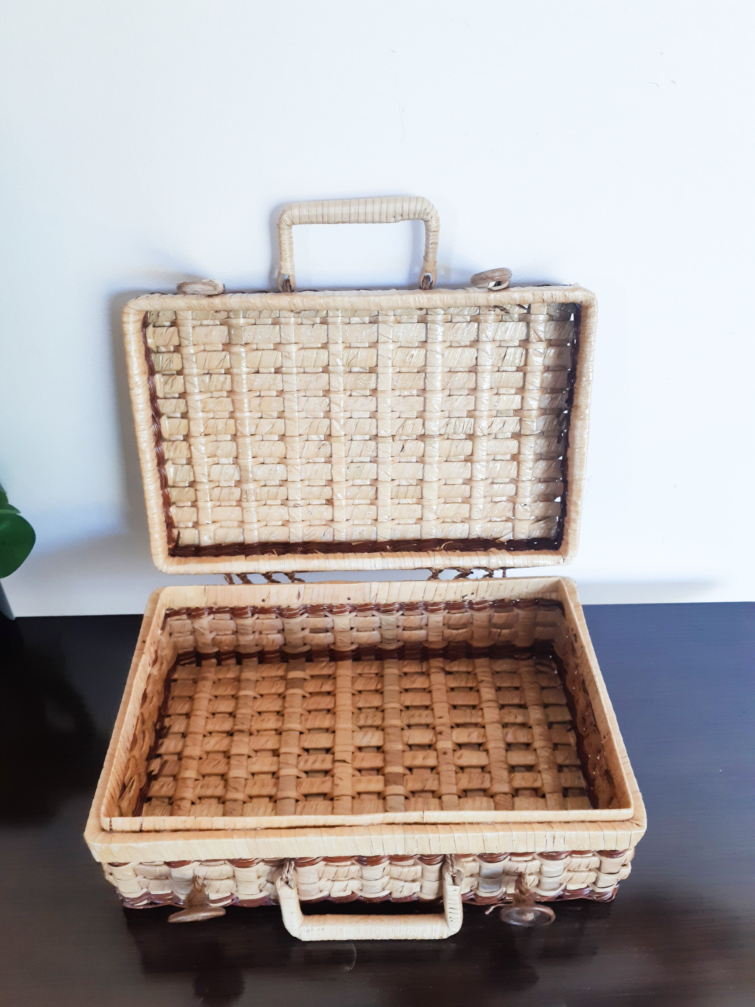 Rattan suitcase, wicker, vintage French, vanity