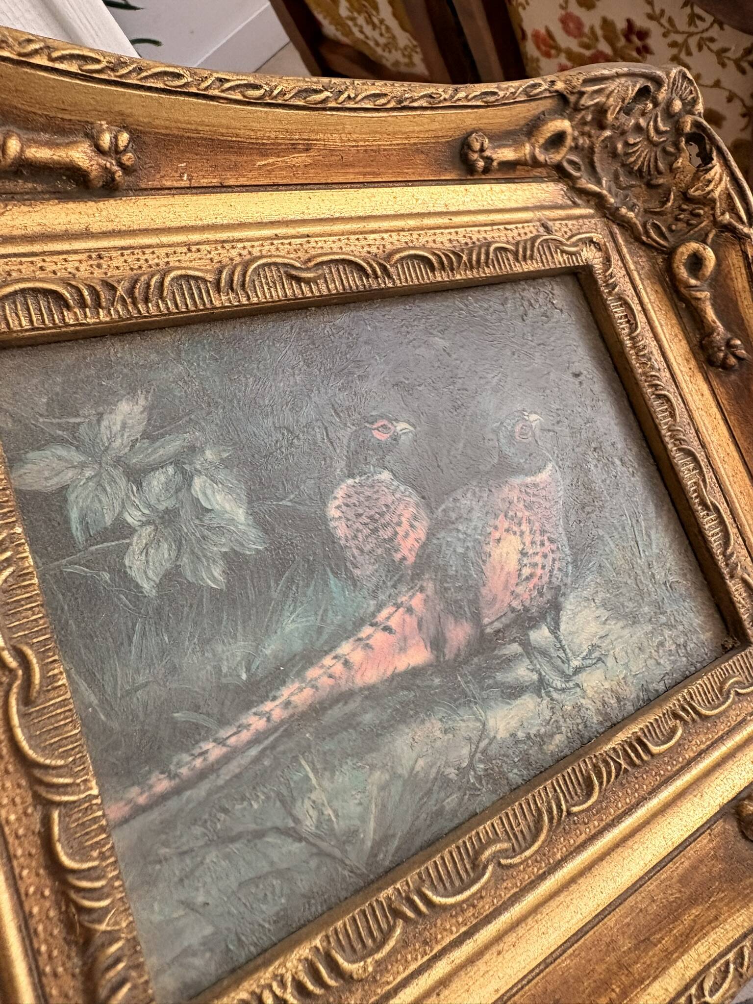 Ancient Impressionist Painting Hunting Pheasant English Rococo Frame