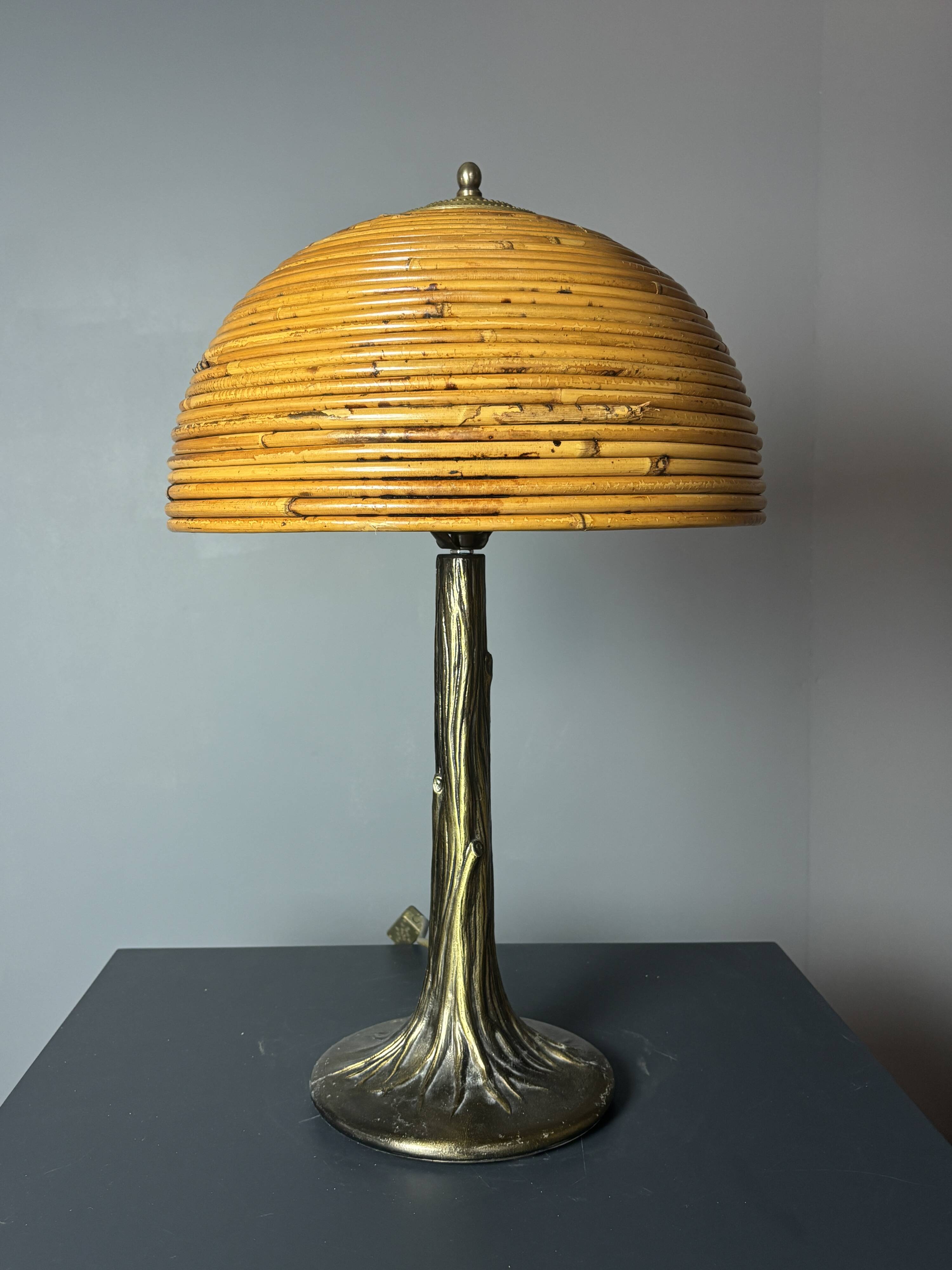 Mid-Century Pencil Reed Rattan Bamboo and Brass Table Lamp, 1970s