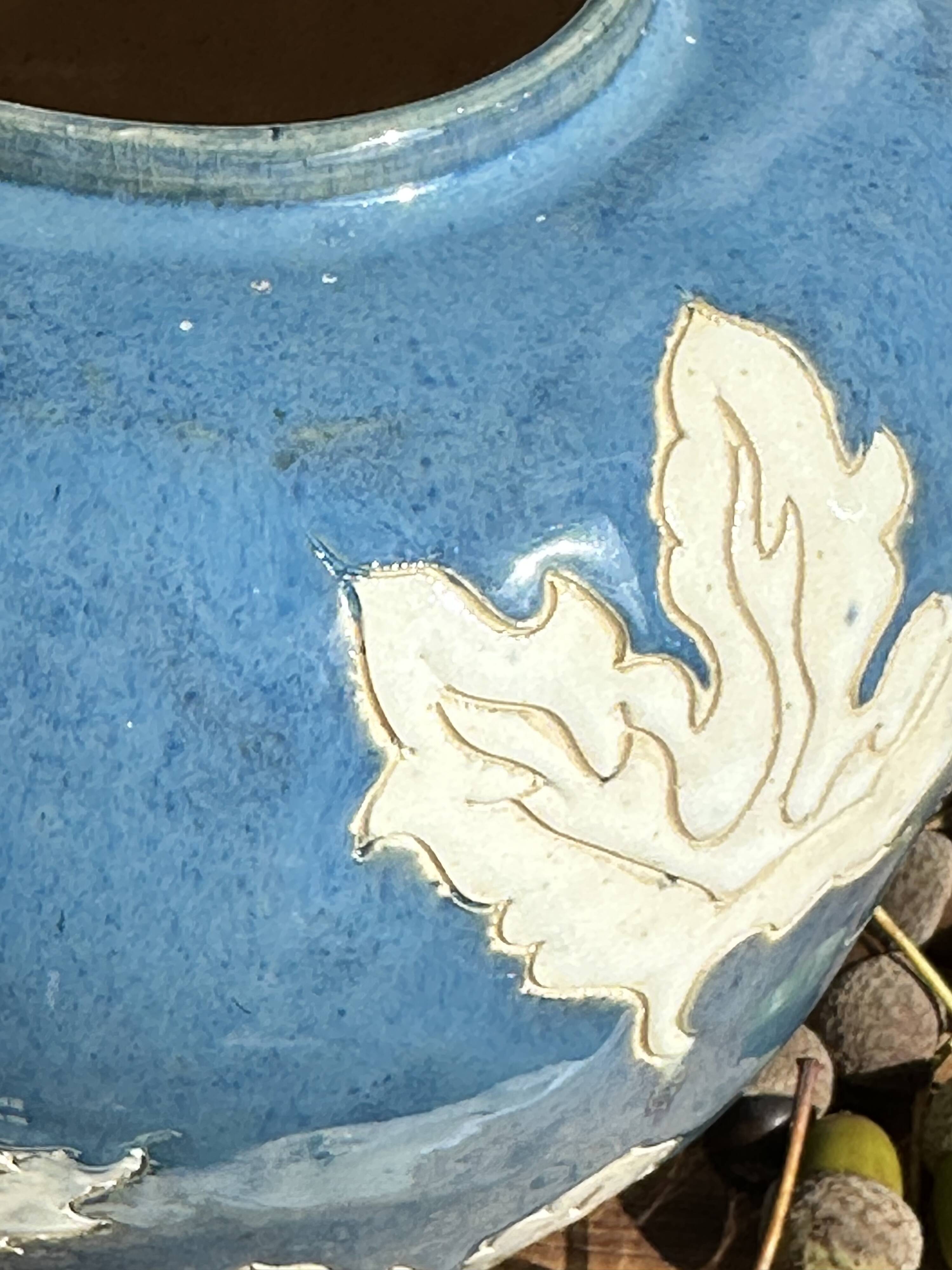 Magnificent Blue Glazed Ceramic Vase with White Plane Tree Leaves Decor