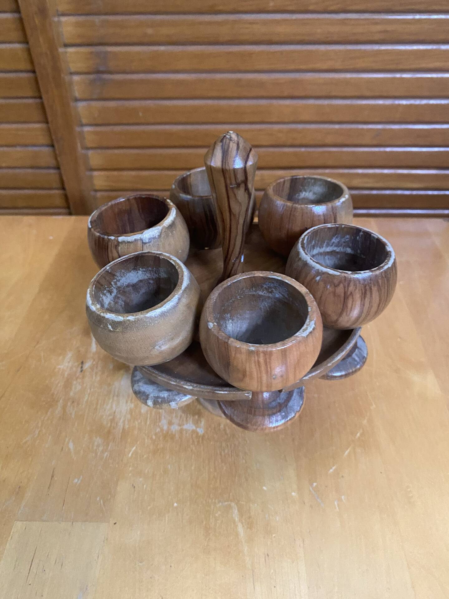 Rotating Display Stand 6 Egg Cups Olive Wood & Teak 1960s Vintage