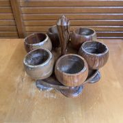 Rotating Display Stand 6 Egg Cups Olive Wood & Teak 1960s Vintage