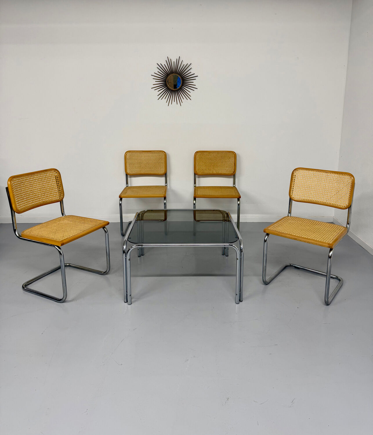 Space coffee table from the 70s, tubular metal and vintage smoked glass