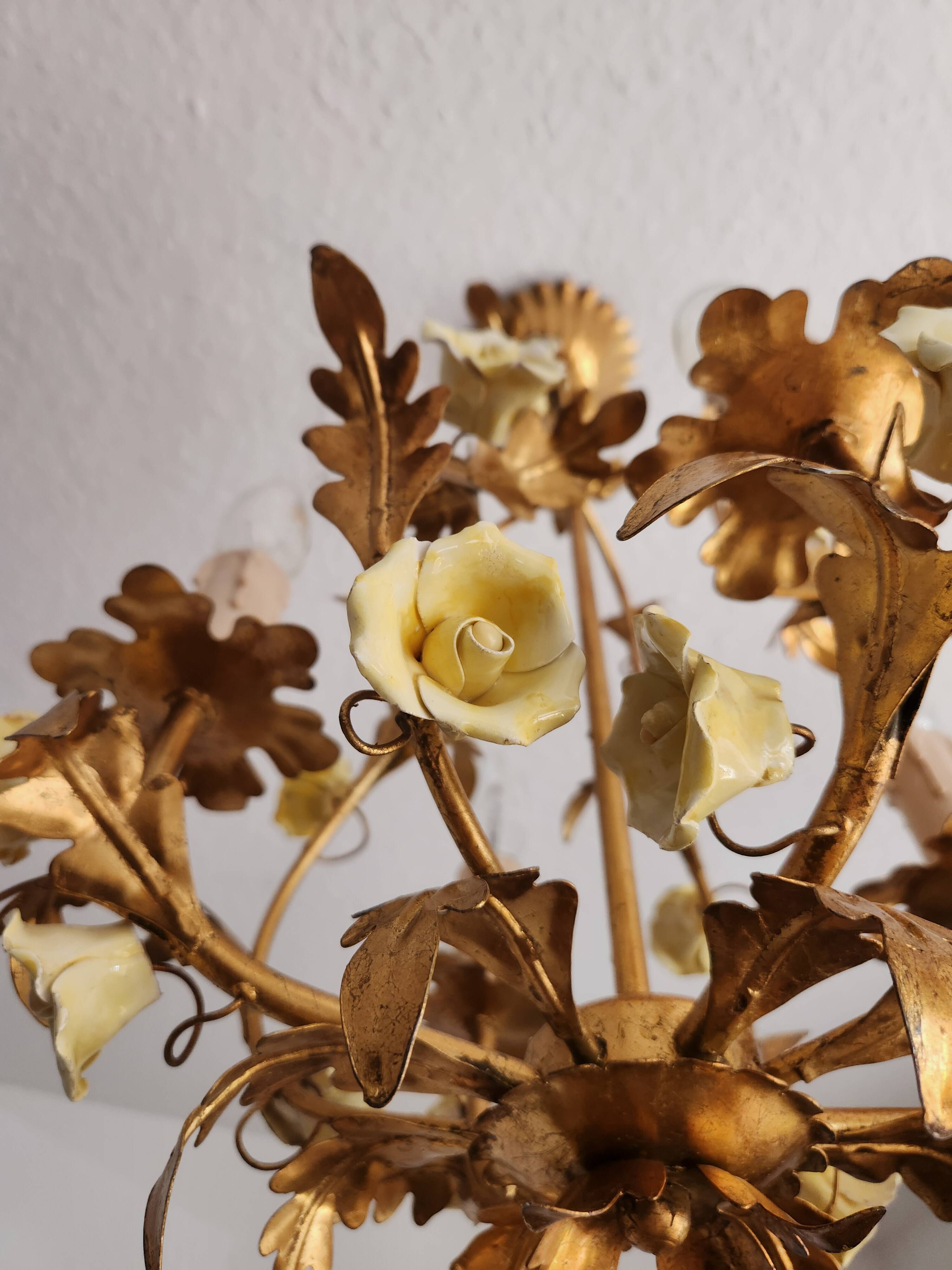 Vintage gilded hand-forged Florentine ceiling light with porcelain roses.