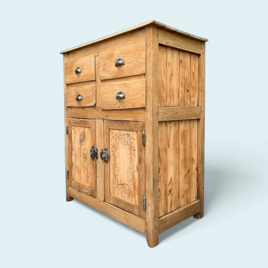 Parisian art deco sideboard in solid raw wood with pyrographed decorations, 1929