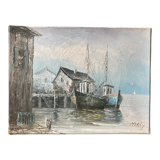 Peinture à l’huile tableau ancien signé port et bateaux