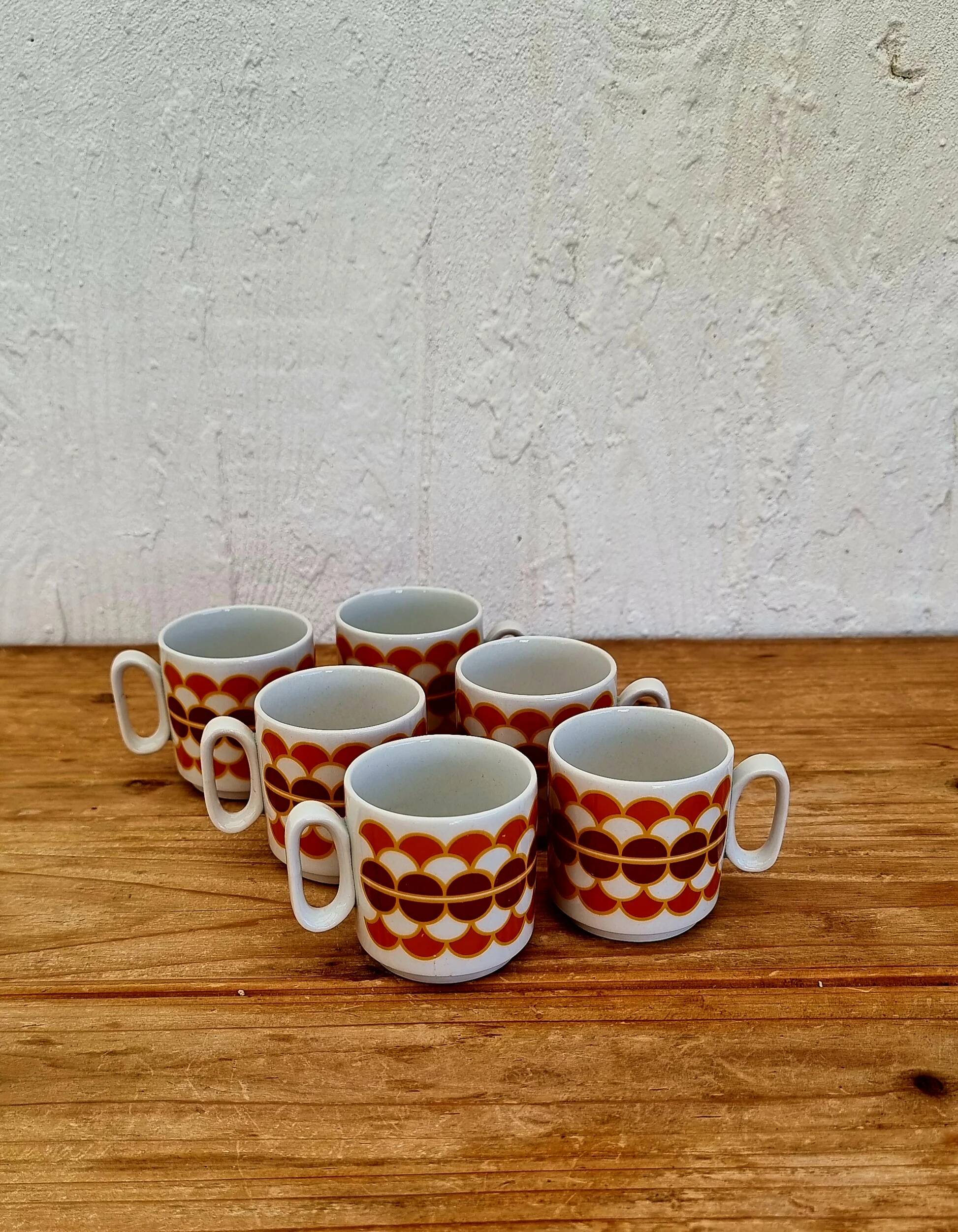 Set of 6 vintage ADP porcelain cups with orange decoration from the 1970s.
