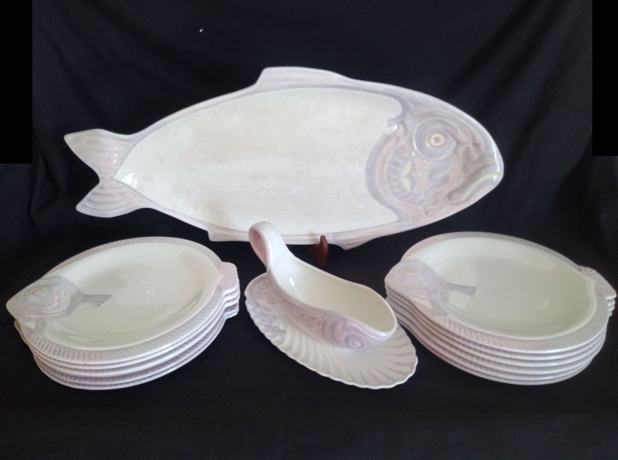 Antique Longwy ceramic fish service for 12 people, Copenhagen pattern, 1890-1939