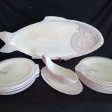 Old Fish Service for 12 pers. in Longwy ceramic, Copenhagen model, 1890s - 1939