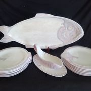 Antique Longwy ceramic fish service for 12 people, Copenhagen pattern, 1890-1939