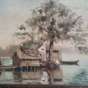 Old oil painting representing a landscape