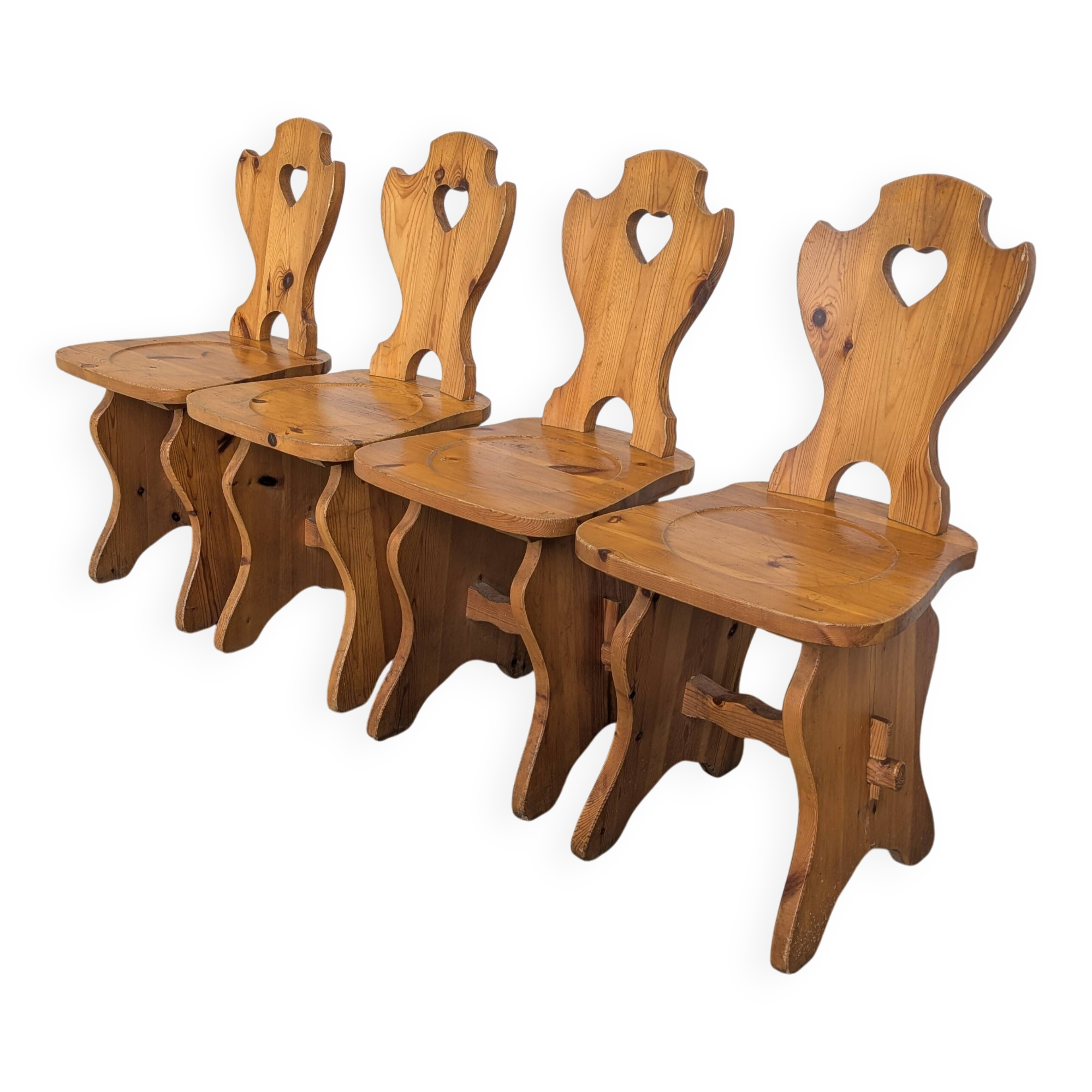 Vintage Alpine Wooden Chairs (Set of 4) Heart Cut-Out