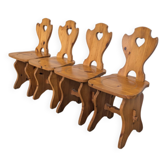 Vintage Alpine Wooden Chairs (Set of 4) Heart Cut-Out