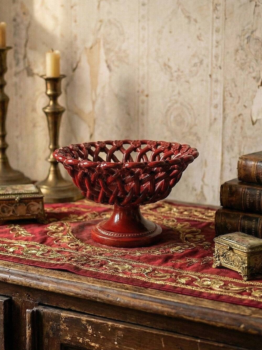 Small vintage 1970s-90s openwork braided red ceramic bowl by Pichon Uzès
