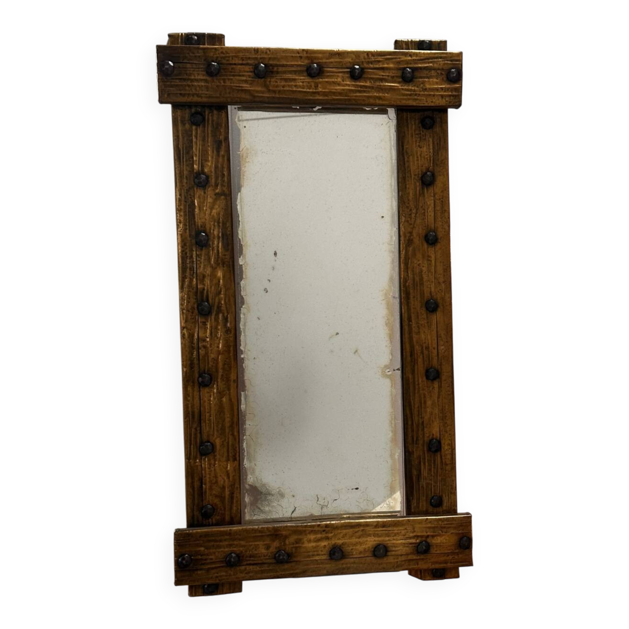Brutalist mirror with a hammered copper and brass frame.